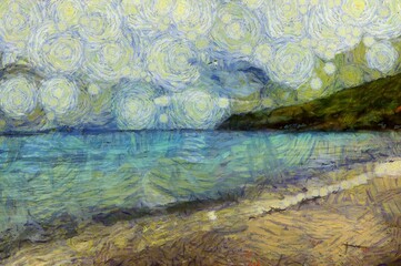 The island beach landscape is an impressionist style painting.