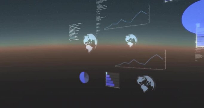 Animation of globes, graphs and computer language over abstract background
