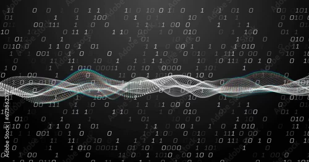 Poster animation of dynamic wave pattern and binary codes over black background