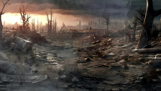 The city was destroyed by war, seamless looping video background animation, cartoon anime style