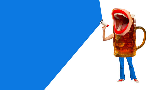 Contemporary art collage. Modern creative artwork. Huge mug of dark lager foamy beer shouting to loudspeaker about new sails.