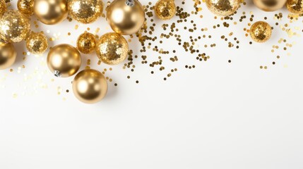 Glam New Years Eve or birthday party celebration white and gold balloons, disco balls, confetti and stars background, web banner with copy space