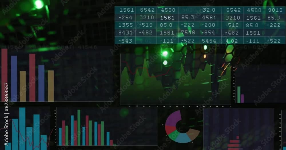 Poster animation of multicolored graphs and number charts over illuminated data server system