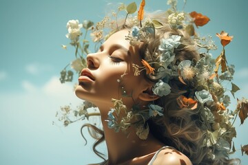 Woman Flowers on Face depicting Nature Beauty Floral Decorations Blue Sky Colorful Artistic Creative Concept Art for Advertising Promotional Materials Presentation Template Background - obrazy, fototapety, plakaty
