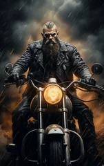 Photo sur Plexiglas Moto Brutal man with long beard and mustache in leather jacket on vintage custom motorcycle in smoke on dark background