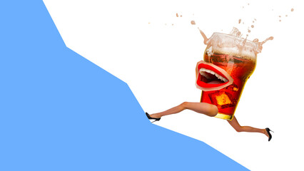 Contemporary art collage. Modern creative artwork. one mug of cold lager beer running and splashing...
