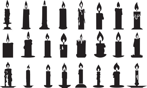 Set of different candle silhouette. Isolated vector illustration
