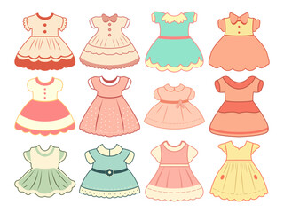 Baby Girl Dress, Girl Clothes Vector Illustration Flat Style Pastel Color