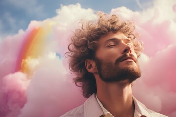 Rainbow Clouds Man Male depicting LGBTQ Colorful Artistic Creative Concept Art for Advertising Promotional Materials Presentation Template Background - obrazy, fototapety, plakaty