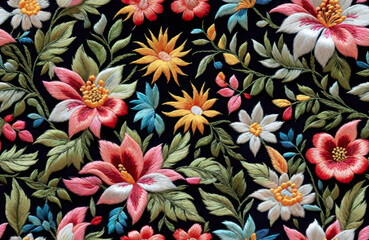 Seamless realistic embroidery fantasy floral pattern design. Generative ai - obrazy, fototapety, plakaty