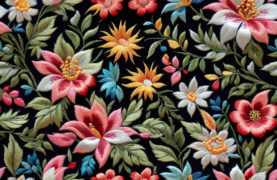 Seamless realistic embroidery fantasy floral pattern design. Generative ai