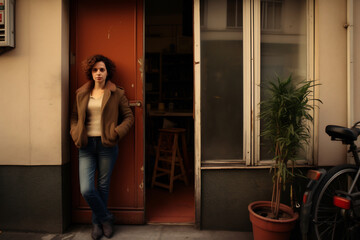 Beautiful young woman leaning by a wooden door