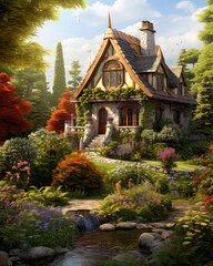 Fototapeta premium Fairy tree house in fantasy forest with stone road