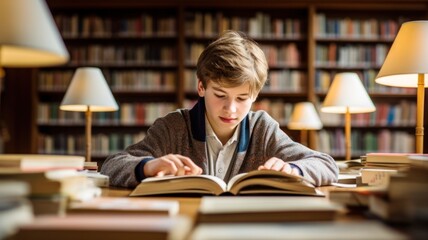 schoolboy reads a book in the school library. Preparing for school exams