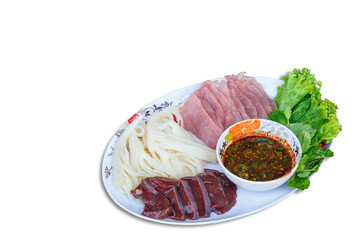 Raw food ingredients. thai local food menu soi ju, sajin, Laab, koy, soy ju , raw Meat with sauce...