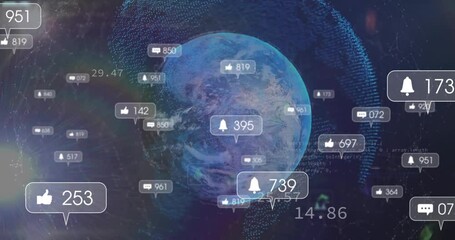 Animation of multiple icons, notification bars over dots around globe against abstract background - Powered by Adobe