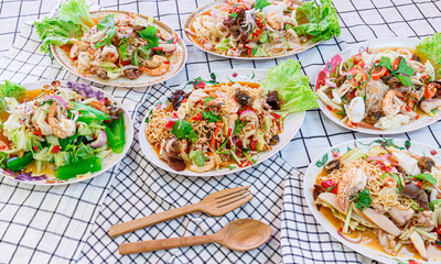 spicy salad Thai food served. fresh vegetables - Many varieties of various Thai menu Asian food