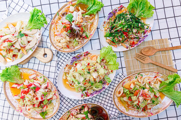 spicy salad Thai food served. fresh vegetables - Many varieties of various Thai menu Asian food