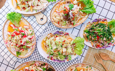 spicy salad Thai food served. fresh vegetables - Many varieties of various Thai menu Asian food