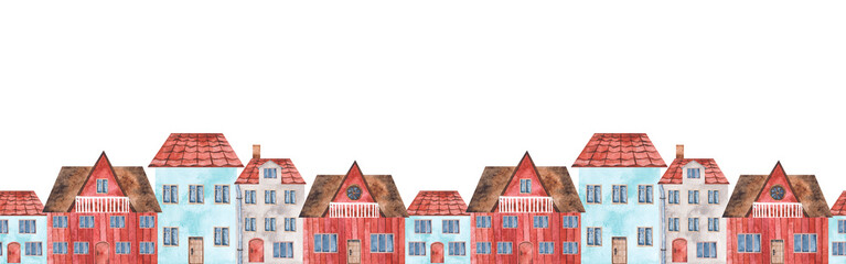 Houses in European style with tiled roofs and windows. Watercolor seamless border with hand drawn illustration. Template for a postcard on one side. Architectural clipart for covers, packaging, labels