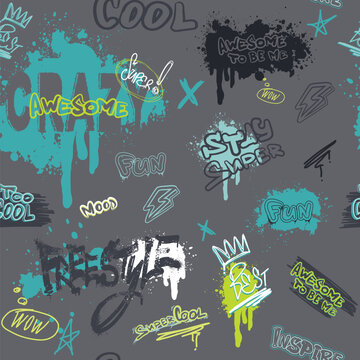 Abstract seamless pattern with graffiti street art wall, splatter, lettering, textured background. Urban style Graffiti ornament. Teen cover print. repeated wallpaper with text Cool, inspire, awesome