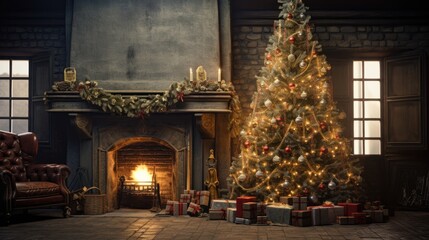 christmas tree in front of the fireplace