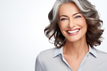 Elegance in Simplicity: A Smiling and Happy Mature Lady Radiates Contentment on a Plain Grey Background, Capturing the Essence of Serenity and Grace