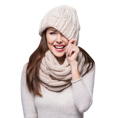 Winter portrait of beautiful young woman isolated in transparent PNG. Pretty joyful cheerful girl wearing warm clothes studio shot