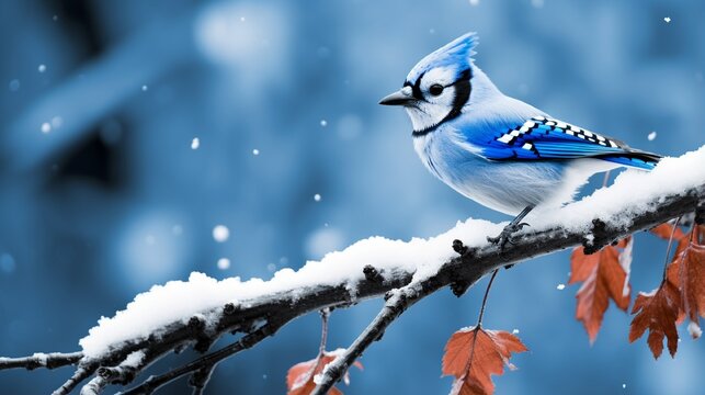 Blue jay sitting on a frosted tree branch during a gentle snowfall provides a peaceful visual for seasonal winter advertising.