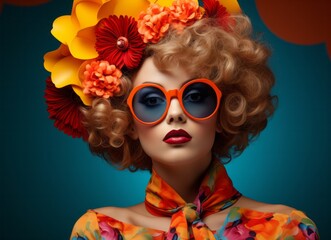 A stylish vintage woman wearing a colourful floral dress, orange sunglasses and red and yellow flowers in her blonde curly hair