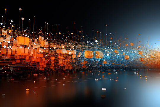 Orange and blue squares over reflective dark