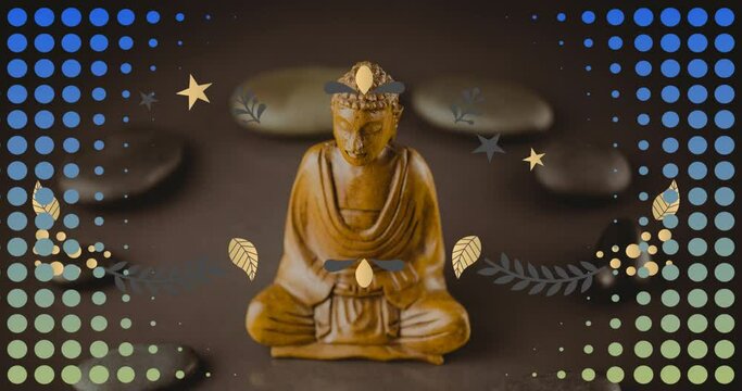 Animation of looping circles over leaves and stone around buddha statue