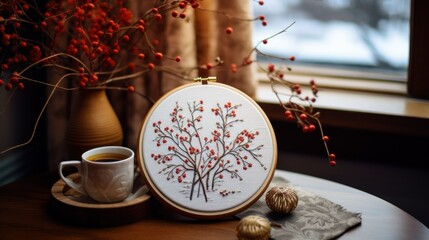 Winter cozy hobbies. Embroidery in a round hoop with a winter pattern and accessories for embroidery. Making Christmas gifts. The process of hand embroidery with a long stitch on a winter theme. - obrazy, fototapety, plakaty