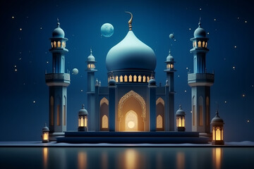 Fototapeta na wymiar 3d ramadan night banner template. Cute mosque and lantern displayed on stages with glowing light in the evening