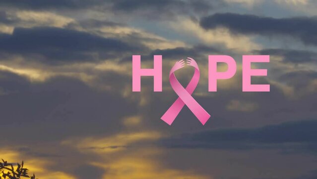 Animation of hope text with ribbon over silhouette of grass against cloudy sky