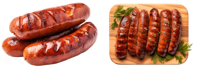 Grilled bratwurst sausages bundle isolated on transparent background - obrazy, fototapety, plakaty