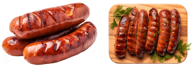 Grilled bratwurst sausages bundle isolated on transparent background
