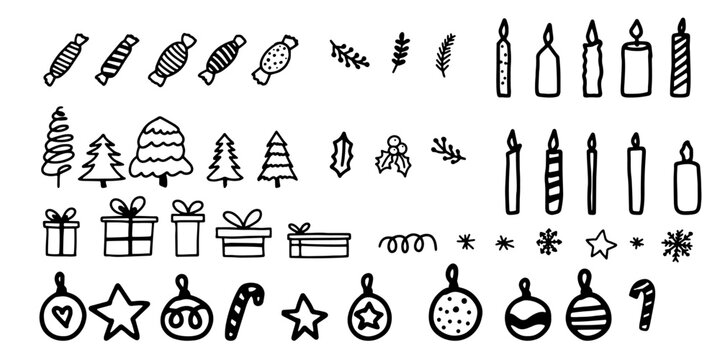 Merry Christmas Happy New Year doodle illustration.. Vector objects, thin line art sketch icons style concept