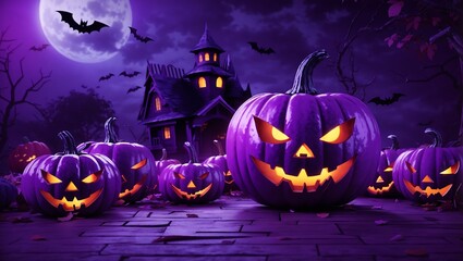 Fototapeta premium Halloween professional night 3D cartoon style pumpkin and mansion flyer portrait banner celebration design