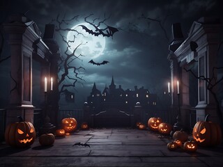 Halloween professional night 3D cartoon style pumpkin and mansion flyer portrait banner celebration design