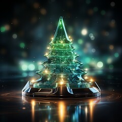 Abstract Christmas tree in neon light painting style on a dark background with bokeh elements