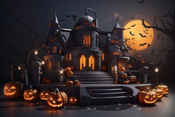 Fototapeta na wymiar Halloween professional night 3D cartoon style pumpkin and mansion flyer portrait banner celebration design