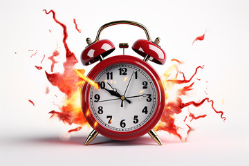 3D render alarm clock hurry up, ringing watches with flash lightnings. Morning alert, time countdown, last chance sale or deadline concept, Illustration in cartoon plastic style on white background - obrazy, fototapety, plakaty