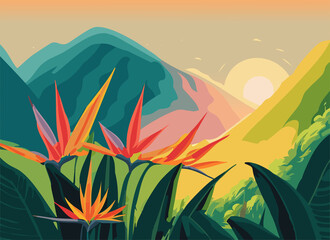 Fototapeta na wymiar Landscape during sunrise with bird of paradise plants against lush green tropical hill forest.