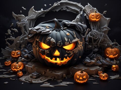 Halloween professional night 3D cartoon style pumpkin and mansion flyer portrait banner celebration design
