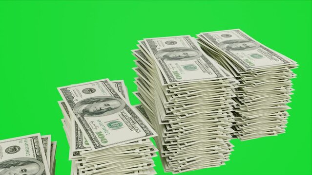 4k stack dollar bills increase revenue investment on a green screen background