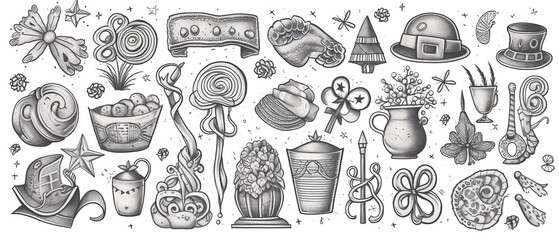 New Year themed lucky charms hand drawn line drawing illustration on white background generative ai