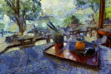 The island cafe's landscape is an impressionist style painting.