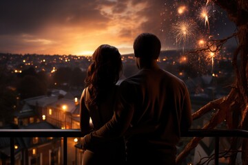 couple on the balcony watching the view of the evening city and the starry sky - obrazy, fototapety, plakaty