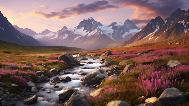 Beautiful Valley of flowers National Park in india at sunset, Vacation travel, Peaceful nature landscape